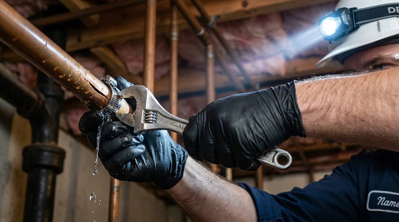 Emergency pipe clamp repair being performed by a Johns Plumbing LLC plumber in Blackshear