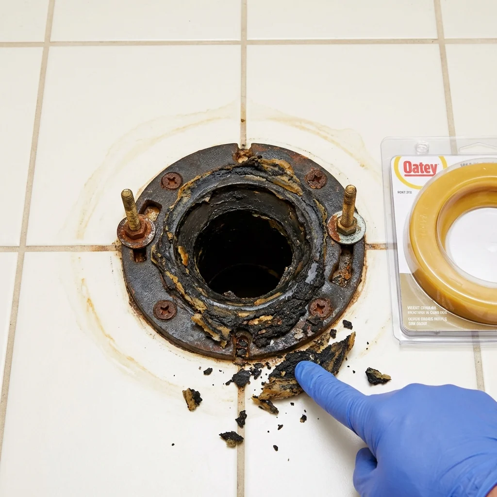 Failed wax ring showing water seepage at the base of a toilet in a Blackshear, GA home