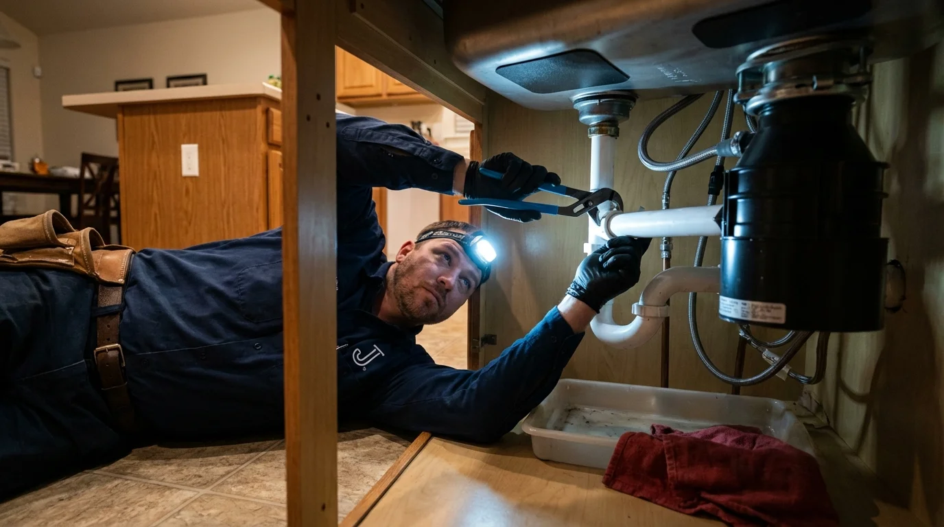 P-trap and supply line connections under a kitchen sink showing a common leak point in Blackshear, GA